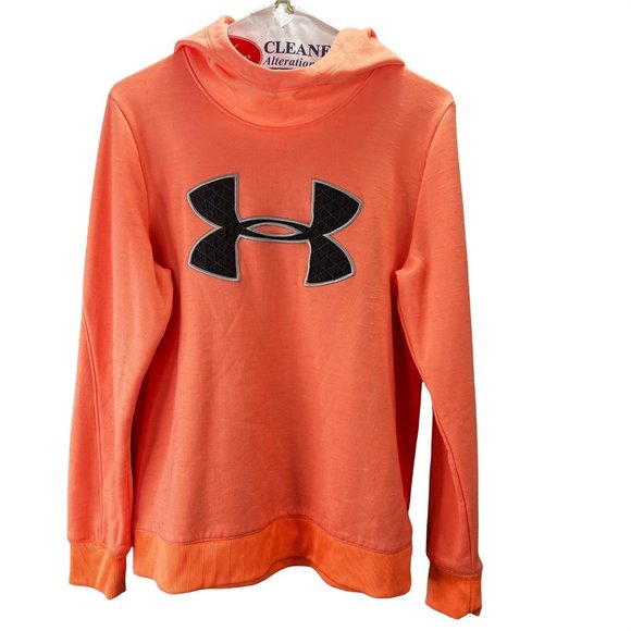 Under Armour Hoodie Pullover sz M Loose Funnel Neck Scuba Hood Logo Coral - Picture 3 of 6